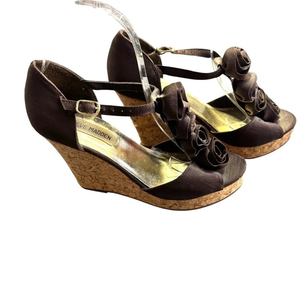 Steve Madden Brown Satin Rosette Cork Wedge Sandals Women’s Size 6
